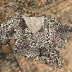 Timing Black and White Animal Print Wrap Blouse